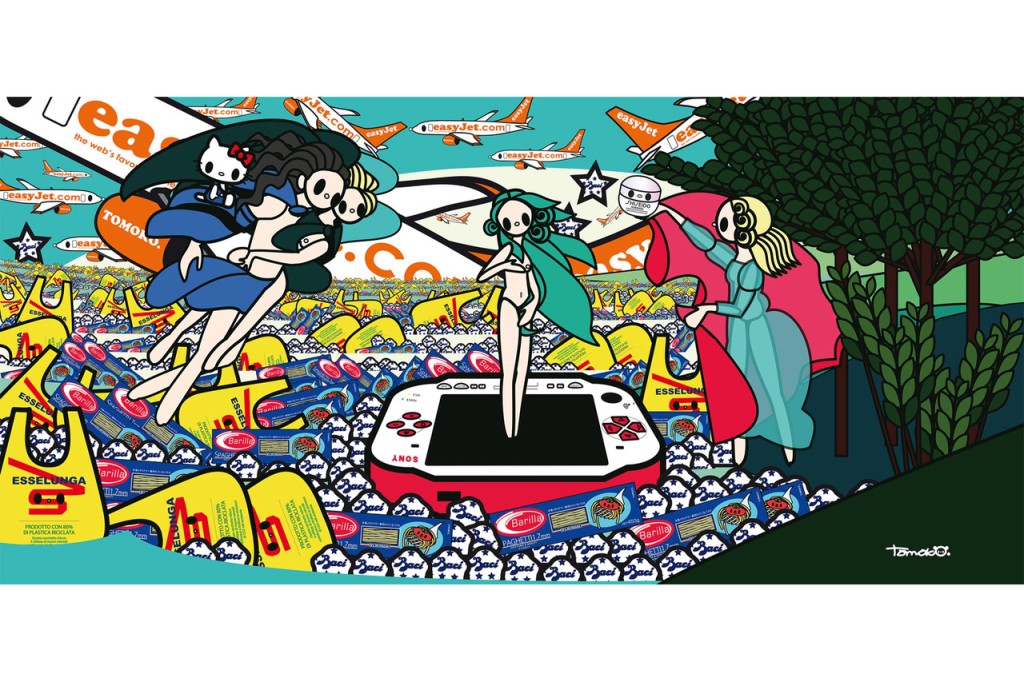 Tomoko Nagao es el autor de la obra más contemporánea de la exposición. “El nacimiento de Venus con Baci, Esseluga, Barilla, PSP y EasyJet”. Una caricatura posmoderna de Venus rodeada de productos italianos. Año 2012.